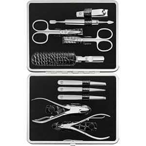 ZWILLING Set de manicura (10 piezas, set completo para uñas de manos y pies, estuche de piel auténtica con marco metálico), acero inoxidable pulido, edición cocodrilo, negro
