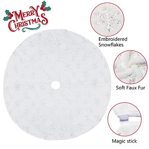 Joybest Christmas Tree Skirt 48 Inches, Faux Fur Tree Skirts With Sequin Silver Snowflakes For Christmas Tree Decorations Holiday Tree Ornaments #TOP3