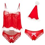 HOTSO Christmas Lingerie for Women Santa Teddy Lingerie 3 Piece Bra and Panty with Garter Belt Set Suede Velvet Babydoll (One size, Style 4-Red)
