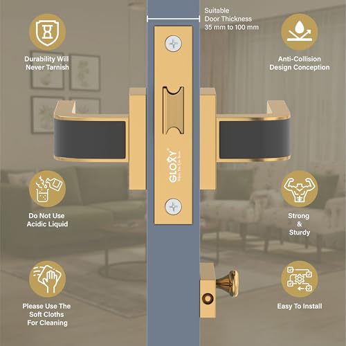Image of GLOXY Baby Latch Door Locks for Bathroom Door Lock, Balcony Store Room Keyless Pull Handle Set with Brass Baby Latch for Home, Kitchen| Gold & Black Finish (2 Years Warranty, Pack of 1)