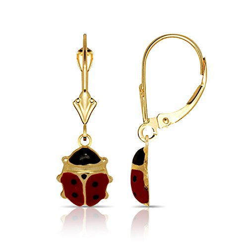 14K Yellow Gold Womens Polished Large Red Enamel Lady-Bug Dangle Drop Leverback Earrings (8Mm X 26Mm) #TOP14