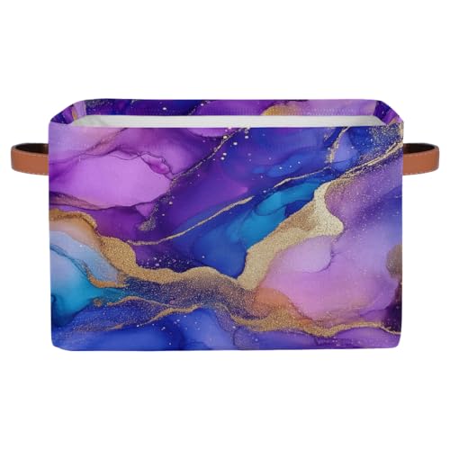 Mexpekil Boîte de rangement en tissu cube violet et bleu marbré pour étagères, placard, panier à jouets pliable avec poignées 38 x 28 x 24 cm