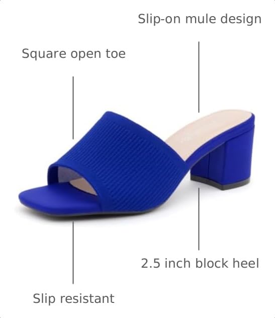 Image of Herstyle Square Open Toe Heeled Sandals for Women 2.5 Inch Low Block Chunky Heel Sandals Slip-On Mules Comfortable Dress Shoes for Party Wedding Office