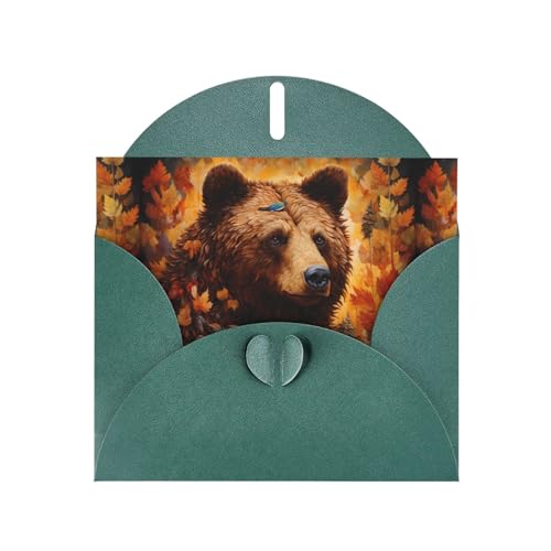 WHJSHOP Tarjeta de felicitación verde oscuro con estampado de oso marrón en otoño, perfecta para el día de San Valentín, aniversario de boda e invitaciones de fiesta