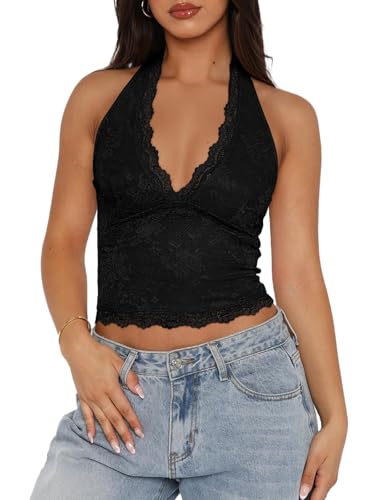 REORIA Womens Sexy V Neck Lace Halter Backless Going Out Double Lined Y2K Trendy Cropped Tank Tops