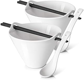 DOWAN Ramen Bowl Set, 600ml Ceramic Soup Bowl, Japanese Ramen Bowl with Chopsticks and Spoon Set, for Soup, Noodles, Pho Bowl and Sushi Bowl, Christamas Gift, Asian Tableware Set, White | Set of 2