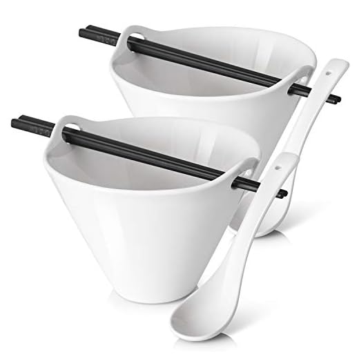 DOWAN Ramen Bowl Set, Japanese Ramen Noodle Bowls with Chopsticks and Spoons, 20 Ounce Deep Pho Bowl, Dishwasher & Microwave Safe, Set of 2, White