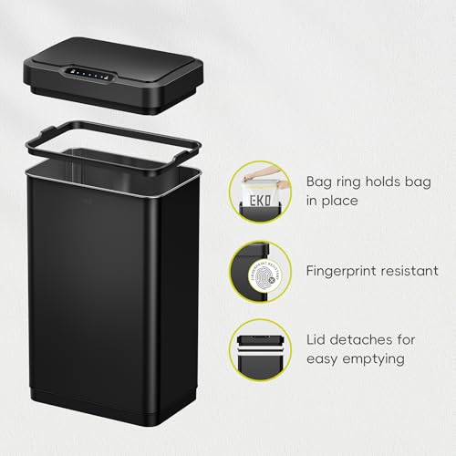 Image of EKO Mirage-T 50 Liter / 13.2 Gallon Touchless Rectangular Motion Sensor Trash Can or Recycling Bin, Brushed Stainless Steel Finish (Matte Black)
