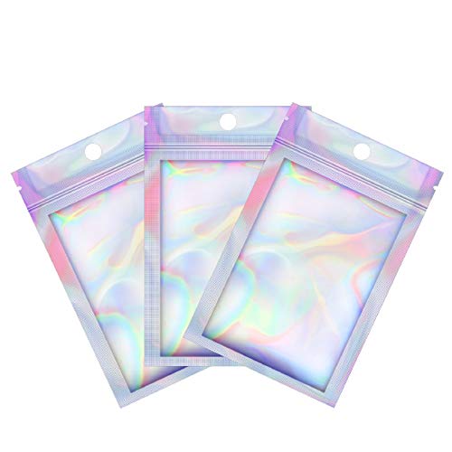 EAONE 200 Pcs Mylar Zip Lock Bags, Aluminum Foil Bags Double-Sided Metallic Packaging Bags Food Storage Smell Proof Bags Lip Gloss Resealable Bags (Holographic Rainbow Color 2.95 x 4.7 Inch)