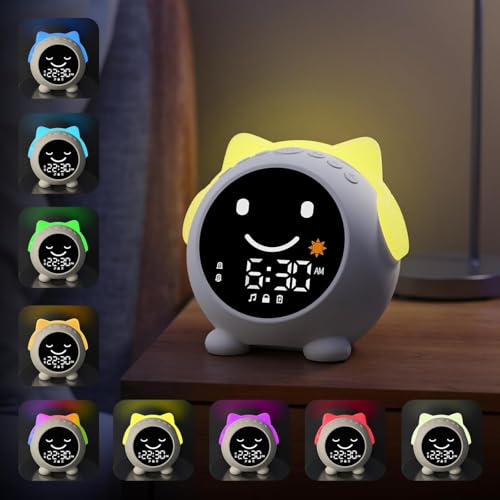 JAHUYU Kids Alarm Clock with Sleep Training, LED Night Light, Bluetooth Music, Multi-Color Display, Sound Machine, OK to Wake Light for Toddlers and...