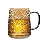 ZKALQECNF Leche Vaso de vidrio borosilicato transparente de 16.2 oz con textura de flor de cerezo vintage y asa colorida. Bebidas(Champagne Gold)