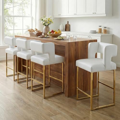 Image of 26 inch H Bar Stools Set of 4 with Back, Faux Leather Counter Height Stools with Footrest, Square Metal Frame, Modern Upholstered Bar Chairs for Kitchen Island /Dining Room, White & Gold Legs