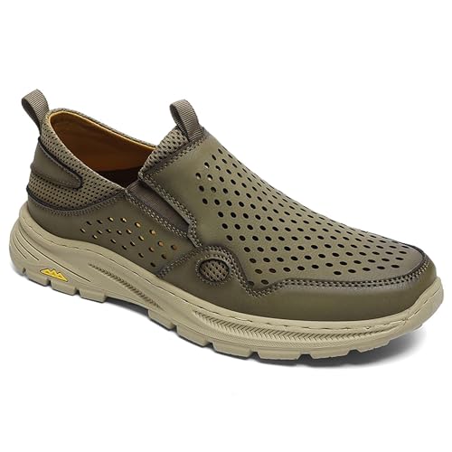 Men's Walking Genuine Leather Casual Sneakers,Comfortable Soft Walking Loafers,Perforated Breathable Design Wear-Resistant Non-Slip Lightweight Sandals Shoes