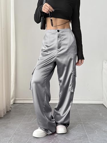 heipeiwa Women's Satin Cargo Pants Wide Leg Straight Multi Pockets High Waisted Baggy Casual Trouser Party Dressy Outfit2