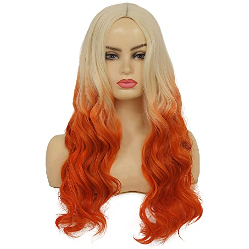Image of Swiking Blonde Ombre Orange Long Curly Wig Oange Wave Wig Synthetic Middle Part Fluffy Hair Halloween Cosplay Party Costume Wigs