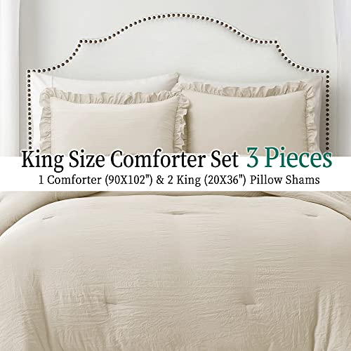 Home Bed Bedding Comforter Set - 3 Pieces King Comforter Set, Farmhouse Bedding Set With Ruffle Bed Comforter & Ruffle Pillows Shams(King Size Wheat) #TOP3