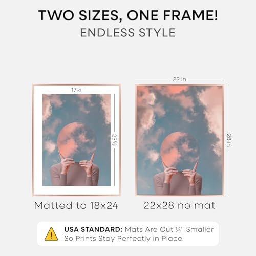 Image of Homeforia 22x28 Rose Gold Picture Frame, High End Metal 22x28 Poster Frames with Mat 18x24 inch Photo, 22 x 28 Thin Frame Matted to 18 x 24 Print, 28x22 Large Frame, Tempered Glass, Wall Kit, Set of 1