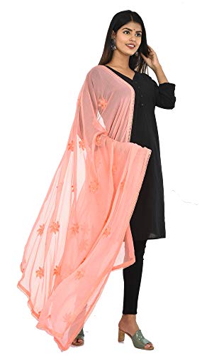 Image of YOUTHQUAKE Flower Embroidered Diamond Work Chiffon Dupatta for Womens & Girls With 4 Side Lace