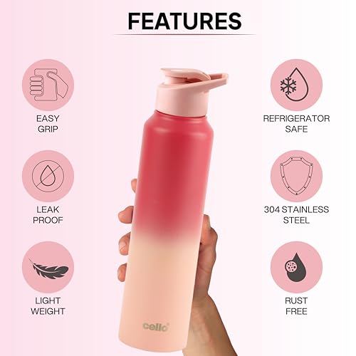 Image of CELLO Aqua Pro Max Stainless Steel Water Bottle 1000 ml Pink | ISI Certified Single Wall Rust & Leakproof Fridge Safe Water Bottle |Stylish Easy Grip Colorful Steel Water Bottle For Office & Daily Use