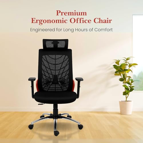 Image of activa Cyber Ergonomic High Back Office Chair | Mesh Computer Chair with Adjustable Headrest | Lumbar Support | Armrest & Swivel Wheels | Comfortable Chair for Home /Office /Study /Gaming (Red Black)