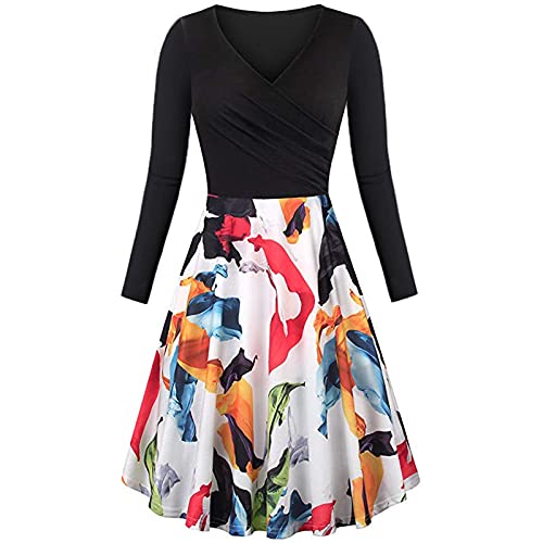Long Sleeve Dress for Women Vintage Elegant V Neck Casual Swing Dresses Floral A Line Wedding Guest Cocktail Sundress