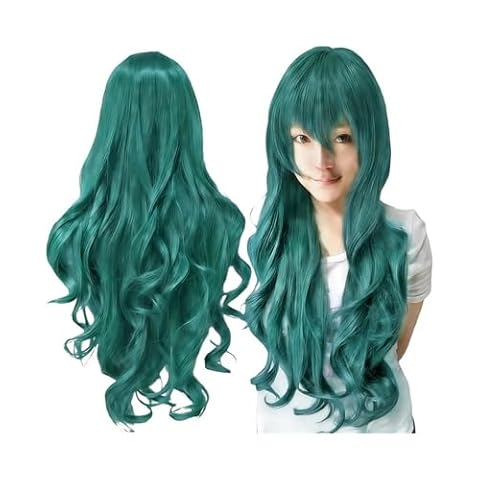 YUHANXINHESHE 80 cm długie kręcone peruki z grzywką dla kobiet, peruka do przebrania na cosplay, odporne na ciepło syntetyczne włosy dodają objętości włosom (zielone)