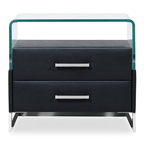 Zuri Modern Janus Black Leatherette Accent Table With Bent Glass And 2 Soft Close Drawers #TOP1