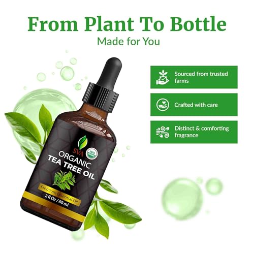 Image of SVA Organic Tea Tree Essential Oil with Dropper, 2 Fl Oz (60 ml) | Tea Tree Oil for Hair, Scalp, Face, Skin Care, Nail Care, Diffuser, Humidifier, Soap Making & DIY Blending in Glass Bottle