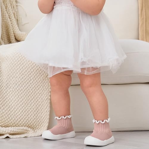 EUFANCE Baby Girl Sock Shoes Toddler Ruffle Walking Shoes Infant Non-Slip Slippers Soft Rubber Sole Sneakers Lightweight Breathable Barefoot Shoes