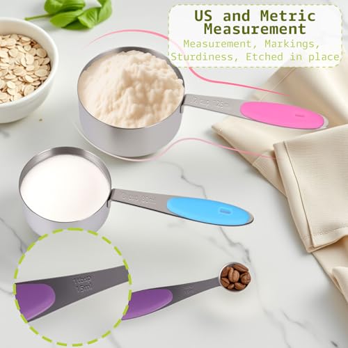 Inmorven 10pcs Measuring Cups and Spoons Set, Nesting Kitchen Stainless Steel Measuring Set for Baking Cooking Dry Liquid Ingredients Upgraded Thickness Handle