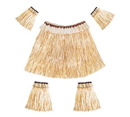 Fortuning's JDS 5Pcs Women Men Elastic Hawaiian Party Grass Skirt Stage Performances Costume Set