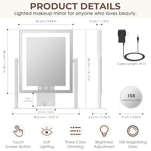 KOTTOVA Makeup Mirror with Lights - Modern Vanity Mirror, 14x12 Lighted-up Mirror with 3 Color Dimmable Lighting & Mount, Touch Sensor, with Detachable 10X Spot Mirror, Sleek Metal Frame – White by Kottova - Image 6