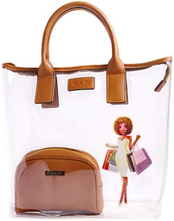 Regular Ren Women's Genuine Leather, Character Printed Tote Bag with Solid Brown Cosmetic Pouch Combo Set (Clear, 12"x6"x12")