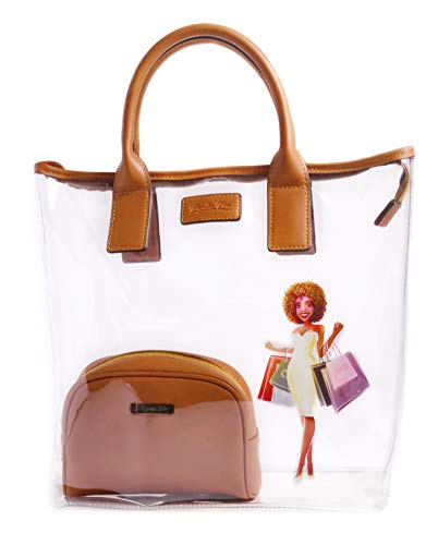 Regular Ren Women's Genuine Leather, Character Printed Tote Bag With Solid Brown Cosmetic Pouch Combo Set (Clear, 12"X6"X12") #TOP11