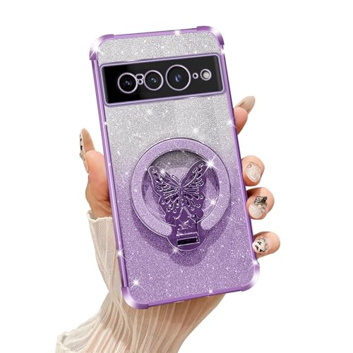 Tesazxcn for Google Pixel 7 Pro Case with Butterfly Stand Compatible with Magsafe, Women Girls Bling Luxury Glitter Clear Phone Case Shockproof Protective Cover for Google Pixel 7 Pro, Purple by Tesazxcn - Used condition - US$8.96