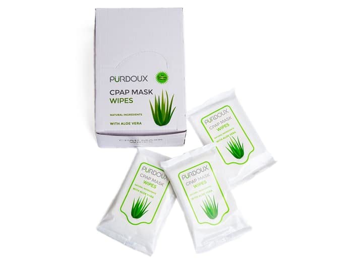 PÜRDOUX 100% algodón CPAP Mascarilla Toallitas con Aloe Vera (caja de 120 toallitas húmedas en 12 sobres resellables, 10 toallitas por bolsa)