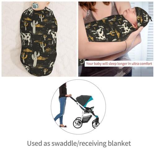 Image of Western Cow and Cactus Newborn Swaddle Blankets Hat Sets Soft Baby Receiving Blanket Swaddle Sack for Baby Shower Infant Boy Girl Gift