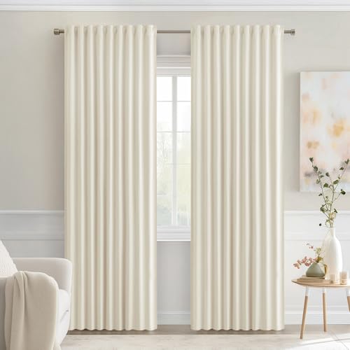 MIULEE Beige White Back Tab Blackout Curtains 52x72 Inches Long 2 Panel Set