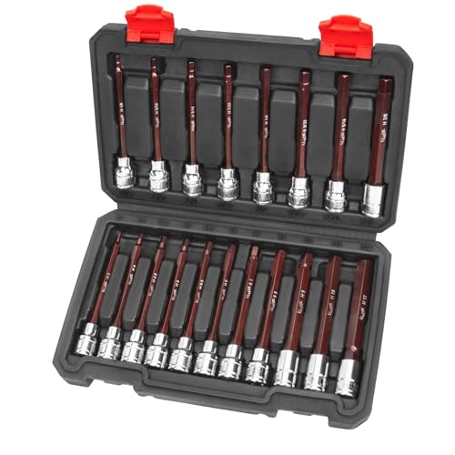 LLNEDL 3/8 Inch Drive Long Allen Hex Bit Socket Set 19-Piece Hex Head Standard SAE & Metric Sockets (1/8-3/8 3-12mm) S2 Alloy Steel Durable Tools for Mechanics