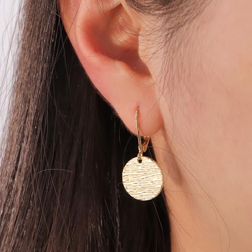 ALEXCRAFT Sterling Silver & 14K Gold Plated Dangle Earrings for Women Hypoallergenic Lightweight Coin Disc Line Texture Leverback Earrings Trendy Minimalist Women Jewelry Gifts3