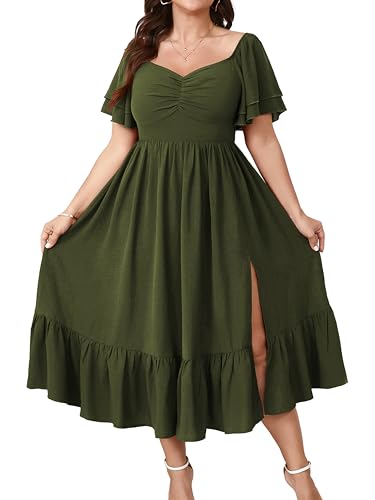 Image of SCOMCHIC Womens Plus Size Wedding Guest Cocktail Dresses Sweetheart Neckline Short Sleeve Smocked Ruffle Slit Maxi Dress