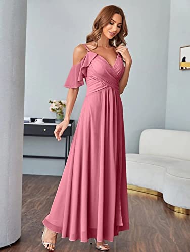 Dusty Purple Chiffon V-Neck Long Bridesmaids Dresses 2022 For Teens Cold Shoulder Formal Party Dress With Slit Abc095,8 #TOP4