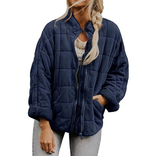 Quilted Jacket for Women Lightweight Down Coat Full Zip Stand Collar Oversized Button Casual Jackets Fall Winter Outwear