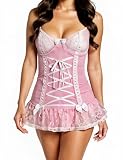 bslingerie Conjunto de lencería sexy y transparente para mujer, Blanco & Rosa, XL
