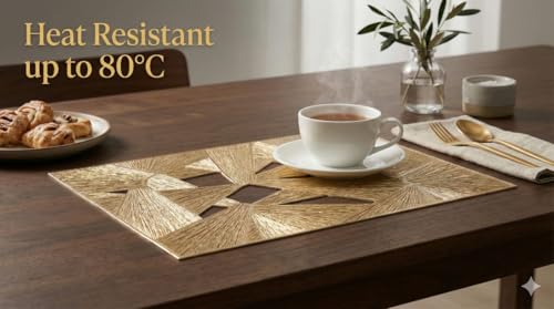 Image of Dining Table Mat and Runner Set for Home Kitchen Reusable Placemat Combo Set for Everyday Dining Use and Table Setup (geomatric Prism + Modern ractangle Runner, Pack of 7 (6+1))