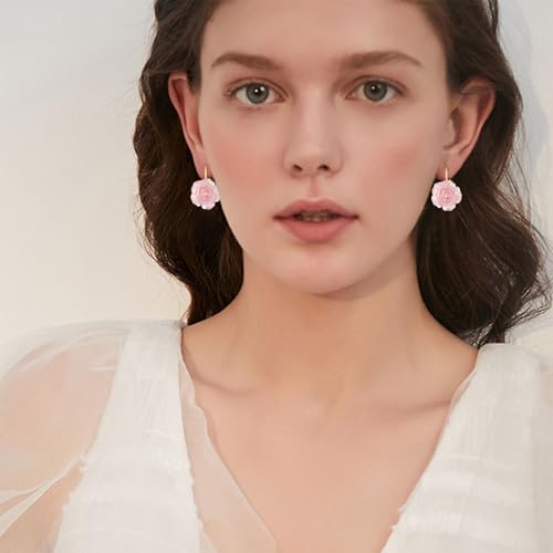 Handmade Bohemian Aesthetic Dainty Acrylic Flower Petal Leverback Earrings Sparkly 14K Gold Floral Dangle Drop Earrings for Women4