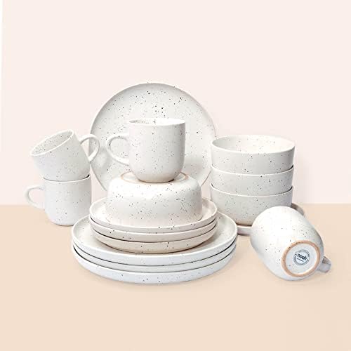 noah 16 Piece Stoneware Dinner Set - 4X Person Dinnerware - Scandinavian Hygge Crockery Design - White Speckled