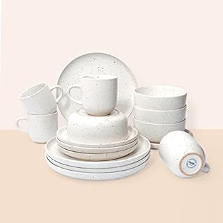 noah 16 Piece Stoneware Dinner Set - 4X Person Dinnerware - Scandinavian Hygge Crockery Design - White Speckled