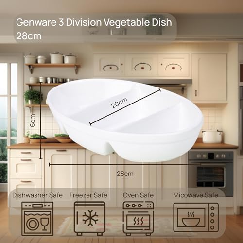 GenWare 3-Divided Vegetable Dish – 28cm Porcelain Serving Dish for Catering & Home Use, Pack of 4, White