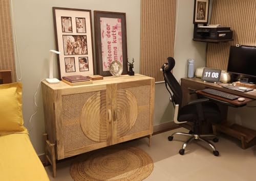 SMAART CRAAFTS Osho Rattan 2 Door Cabinet | Spiral Carving Sideboard for Living Room | Cane Design Cabinet for Foyer Entrance | Pure Mango Wood, Natural Matt Finish | Assembly - DIY